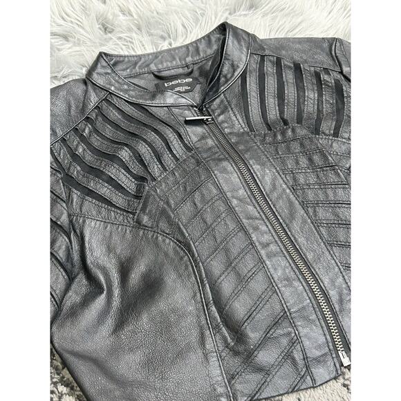 Bebe Black Leather Mesh Crop Jacket Size Medium - Picture 2 of 4